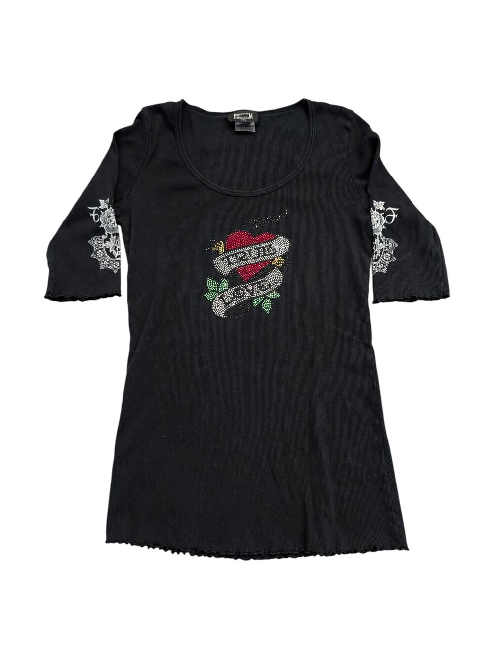 Y2K Women's True Love Rhinestone Heart 3/4 length sleeve Shirt